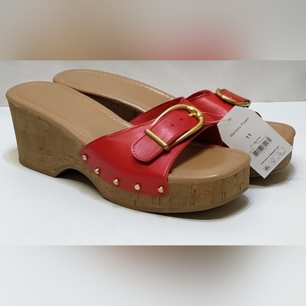 Time and Tru Women's Red Buckle Cork Platform Sandal - Picture 3 of 11